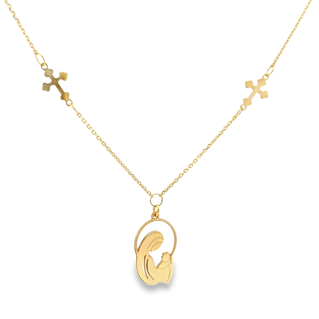 18K Yellow Gold Virgin Mary and Child Necklace with Cross Accents