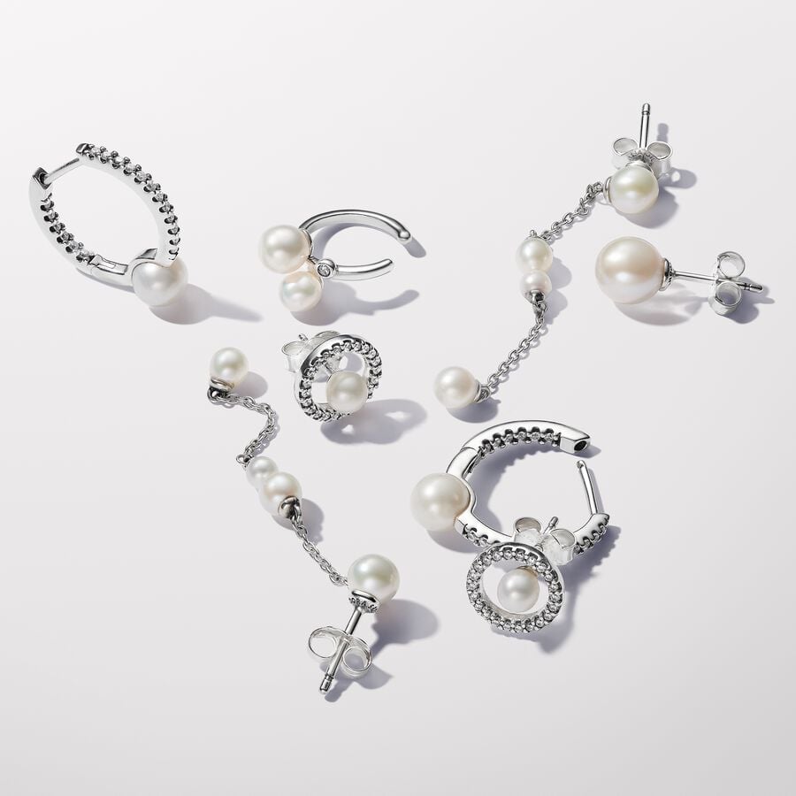 Pandora Freshwater Cultured Pearl & Pave Hoop Earrings