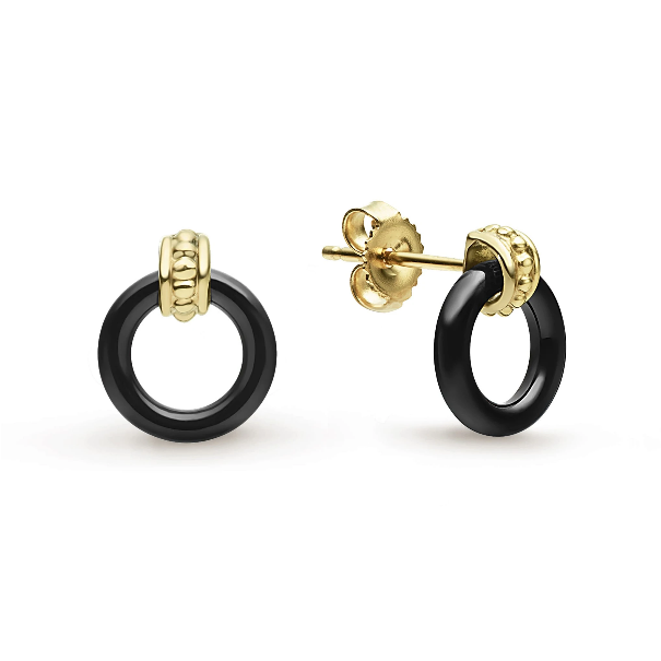18k Gold Black Ceramic Circle Stud Earrings 001-425-03926