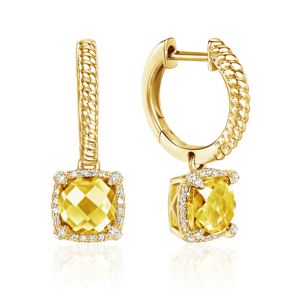 Royal Braided Halo Earrings Cushion Cut Citrine Framed With Natural Mined  Pave Diamonds