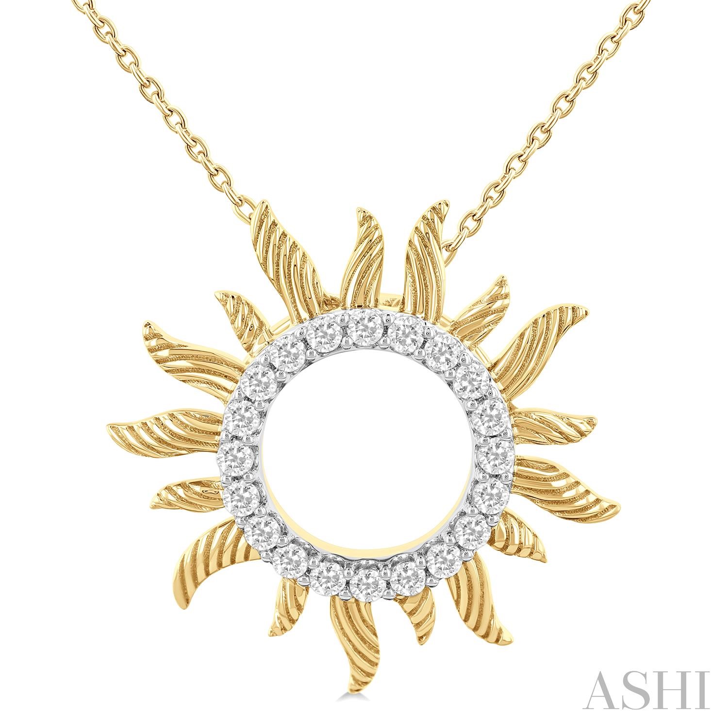 14k Gold Textured Sunburst Diamond Necklace 001-165-00388 | Blue