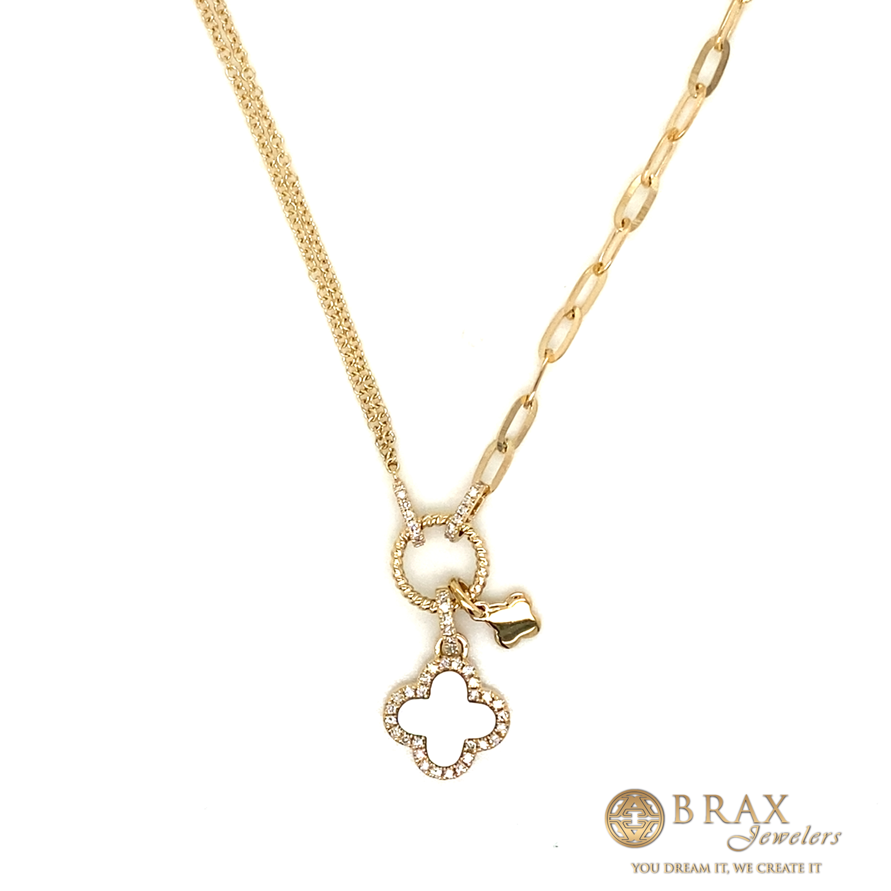 Paper Clip Link Clover Necklace in 14K Yellow Gold with 0.12