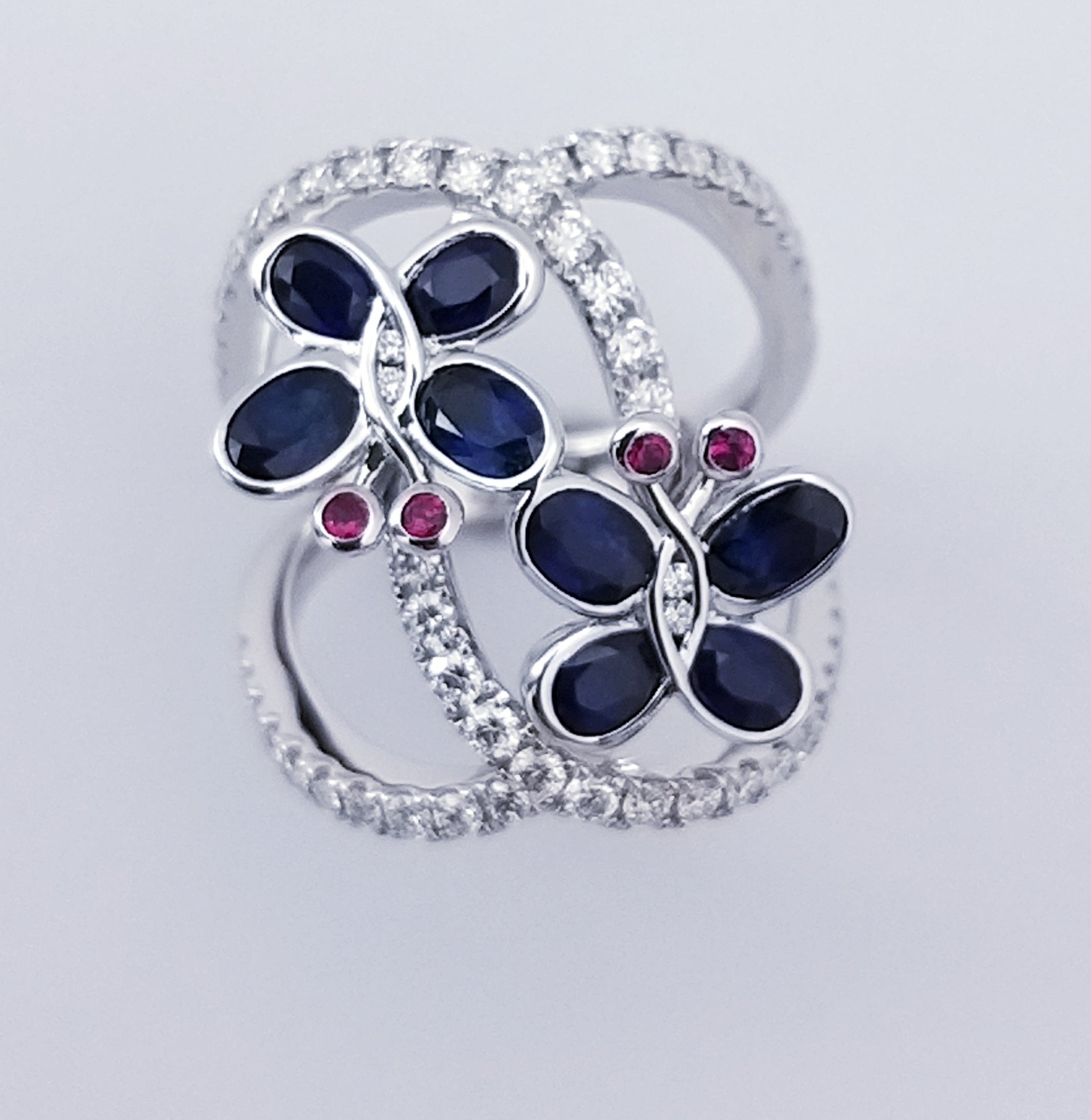 SAPPHIRE, RUBY AND DIAMOND BUTTERFLY RING 001-200-00668 14KW