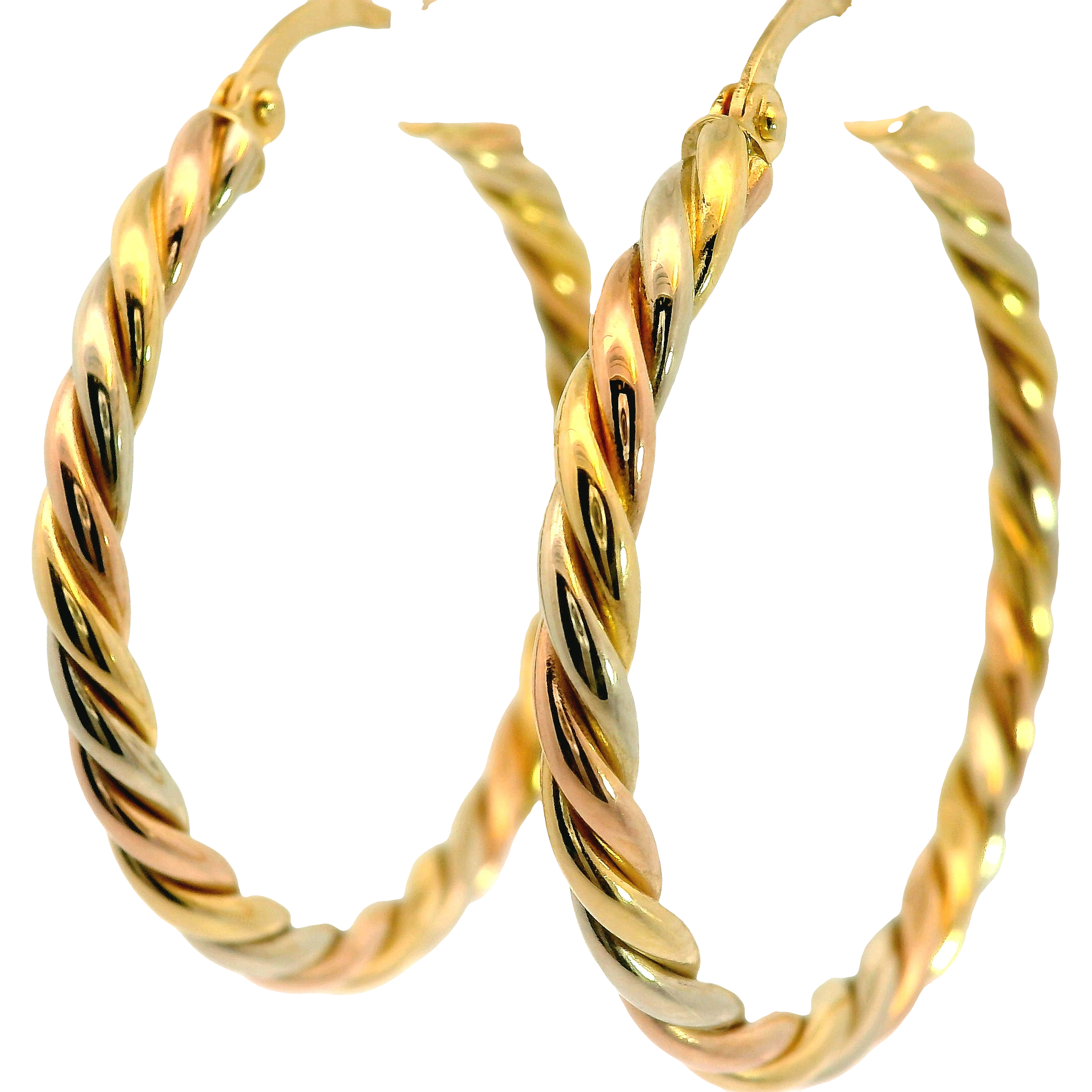 18KY Twisted Hoop Earrings. 34.00mm x 31.50mm in diameter