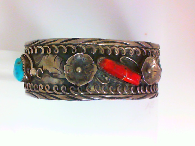 Genuine Turquoise and Coral Sterling Silver Three Stone Nati