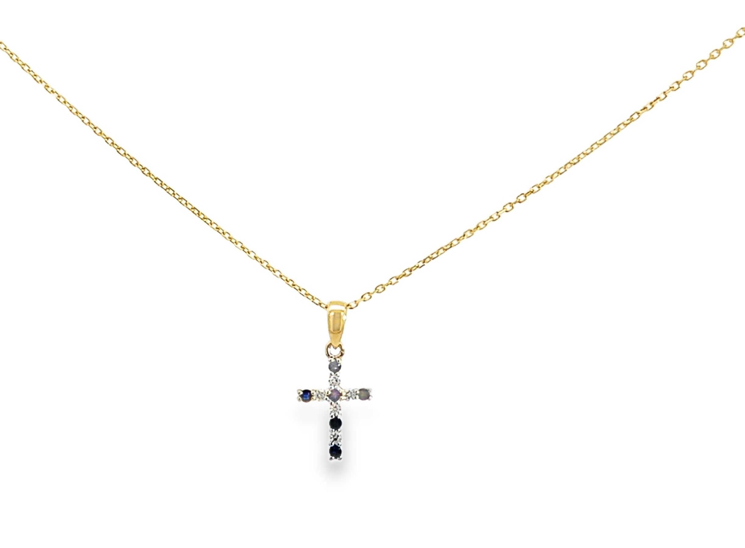 14 Karat Yellow Gold Sapphire and Diamond Cross Necklace - 0 