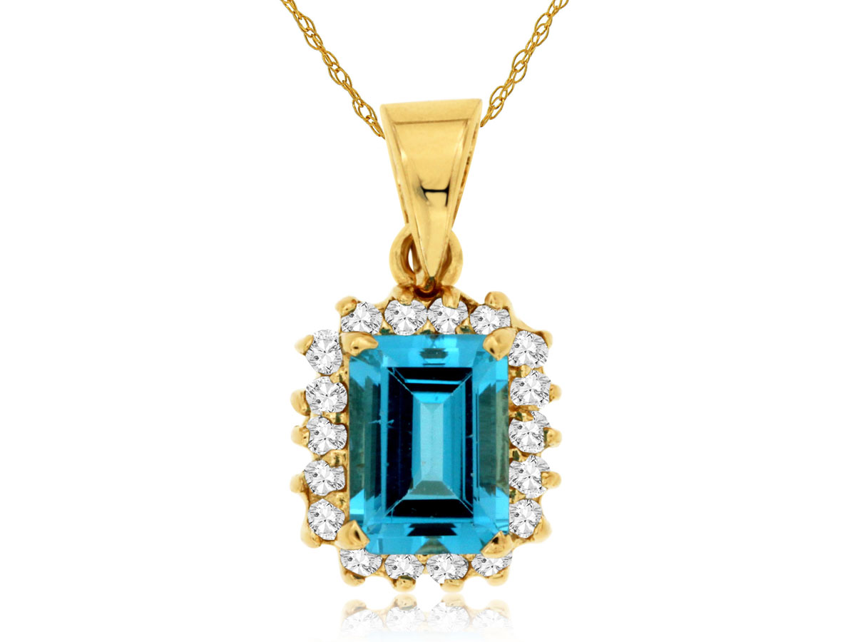 14 Karat Rose Gold Emerald Cut Genuine Blue Topaz with Diamo