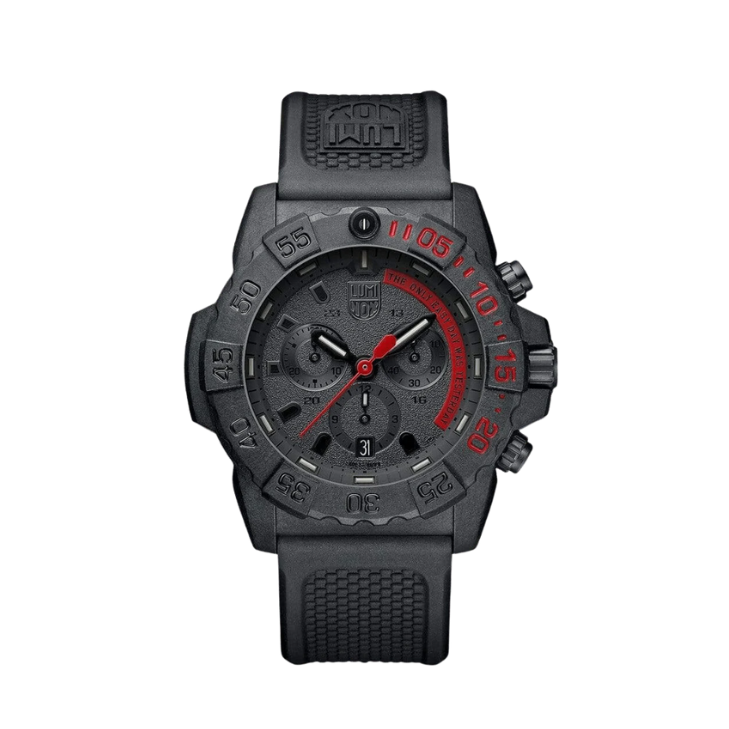 Luminox クロノグラフ ブラック 時計 Luminox Navy Seal 45mm Chronograph Watch with Red Accents