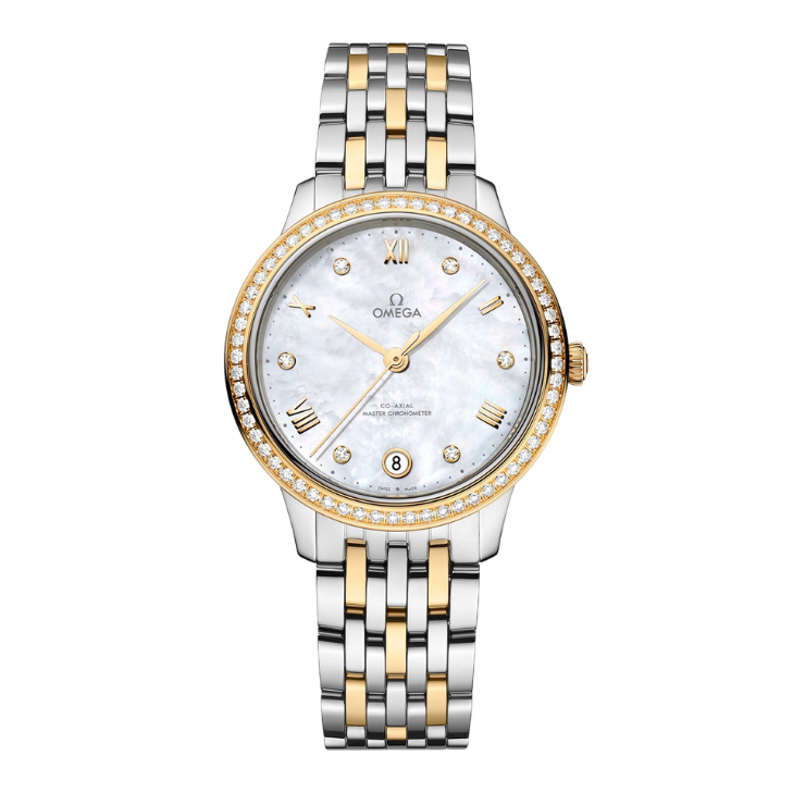 TheOMEGADeVillePrestigeclassic
features a two-tone mother-of-pearl Diamond bezel Buy Rolex Datejust 31MM 6824 Mother of Pearl Diamond Dial  main image 4