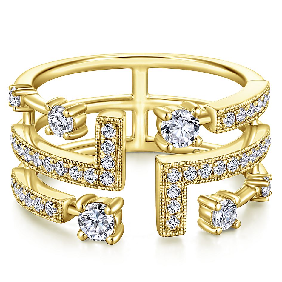 Gabriel & Co Yellow Gold Linear Wide Band Diamond Ring