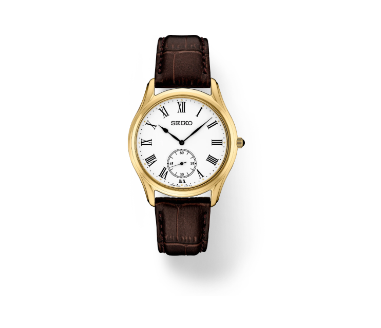 Mens Seiko Gold Tone 39mm Watch w White Dial & Brown Leather  display picture 1