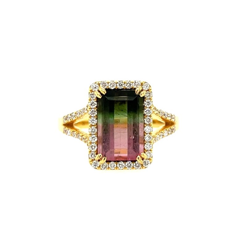 18KY Gold Ct Watermelon Tourmaline Ring with Diamonds