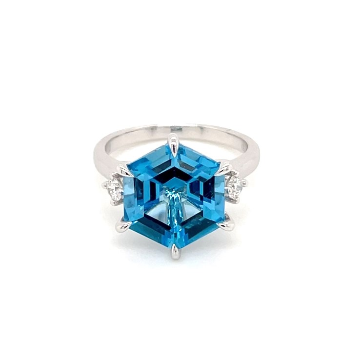 18KW Gold Hexagon Blue Topaz & Diamond Ring 001-200-00732