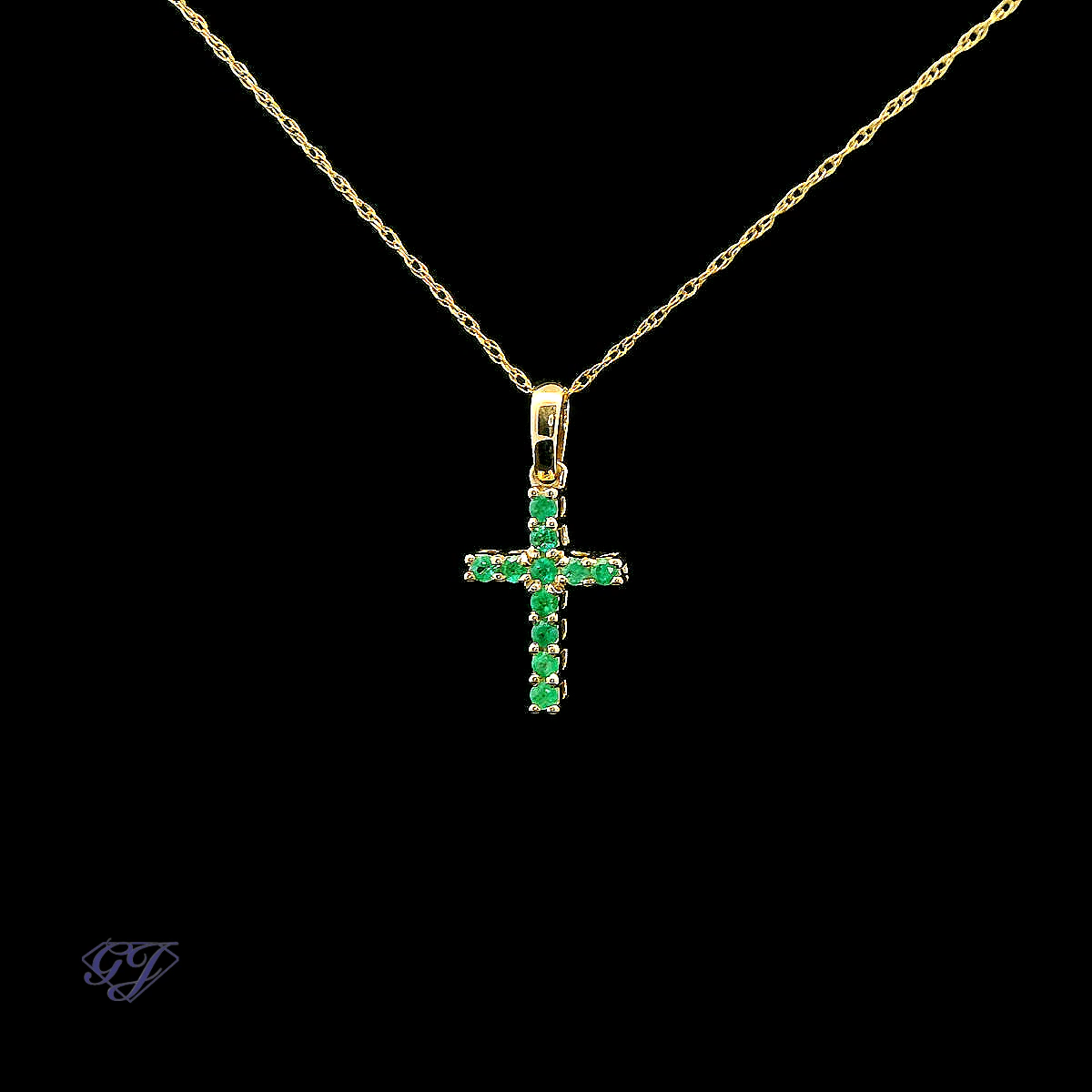 14K Yellow Gold Natural .14ct Emerald Cross Pendant | Geneva