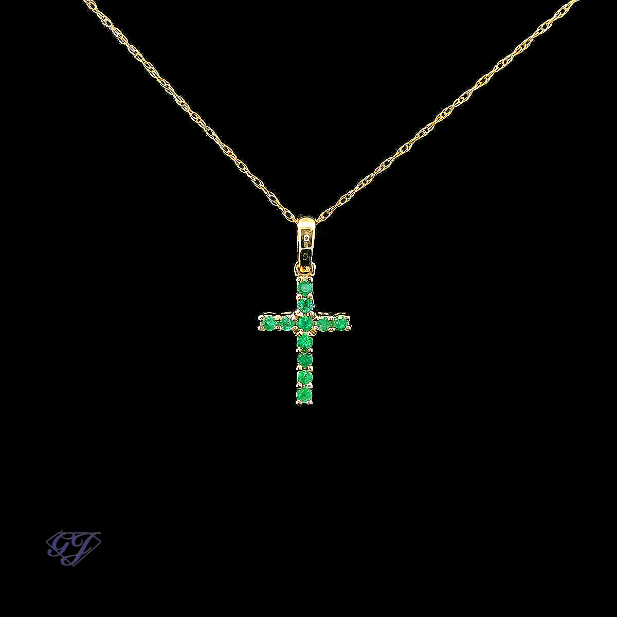 14K Yellow Gold Natural .14ct Emerald Cross Pendant | Geneva