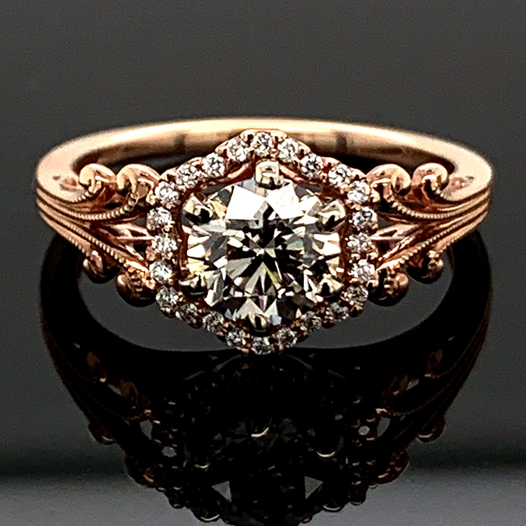 14K Rose Gold Filigree and Diamond Engagement Ring