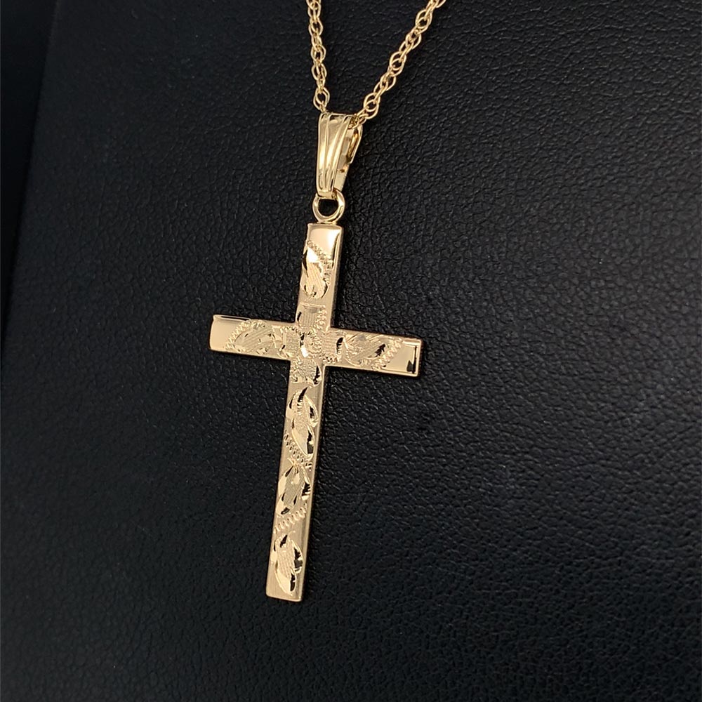 Hand Engraved Cross Necklace in 14k Yellow Gold