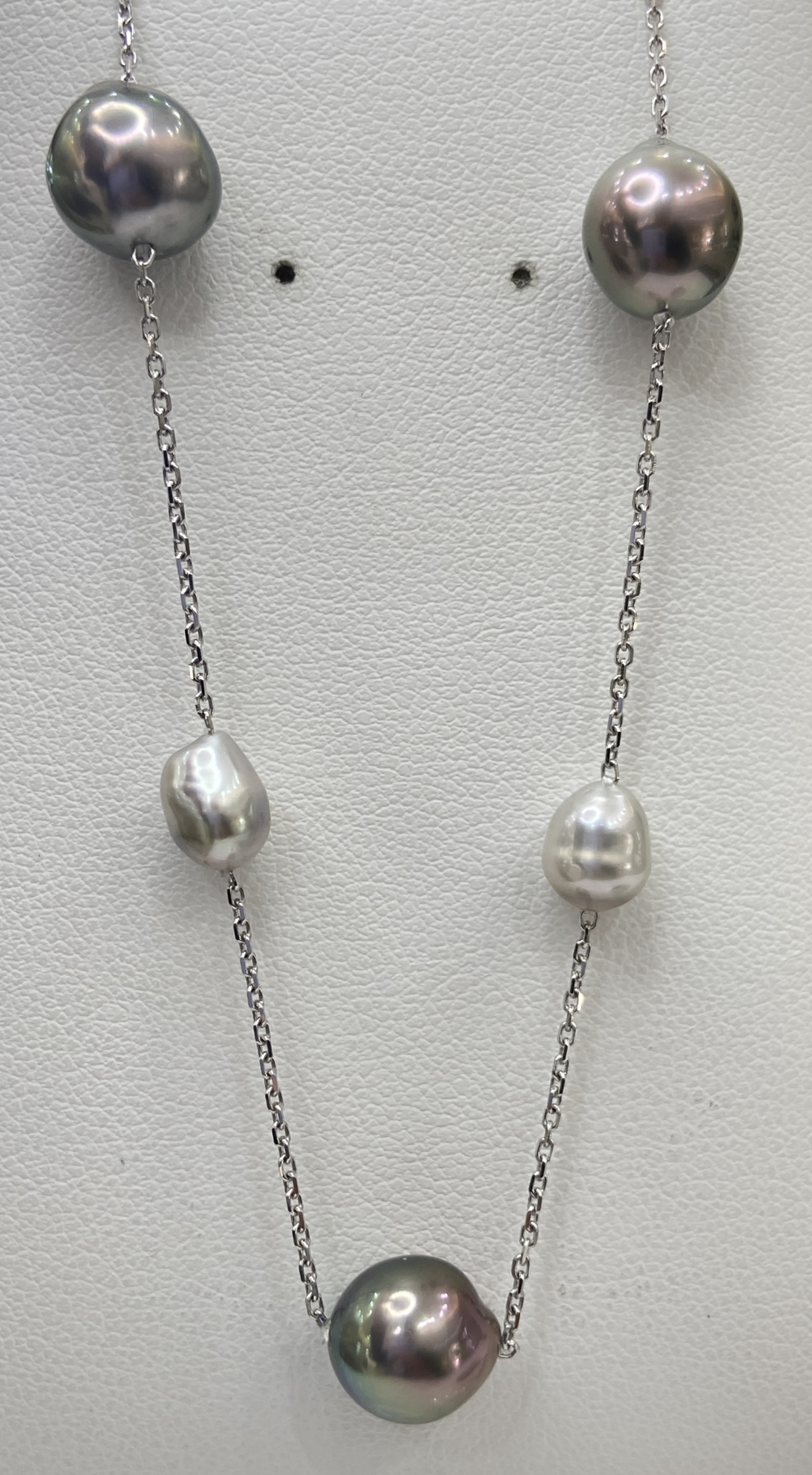 14K White Gold Tahitian Keshi Pearl Station Necklace Gary J