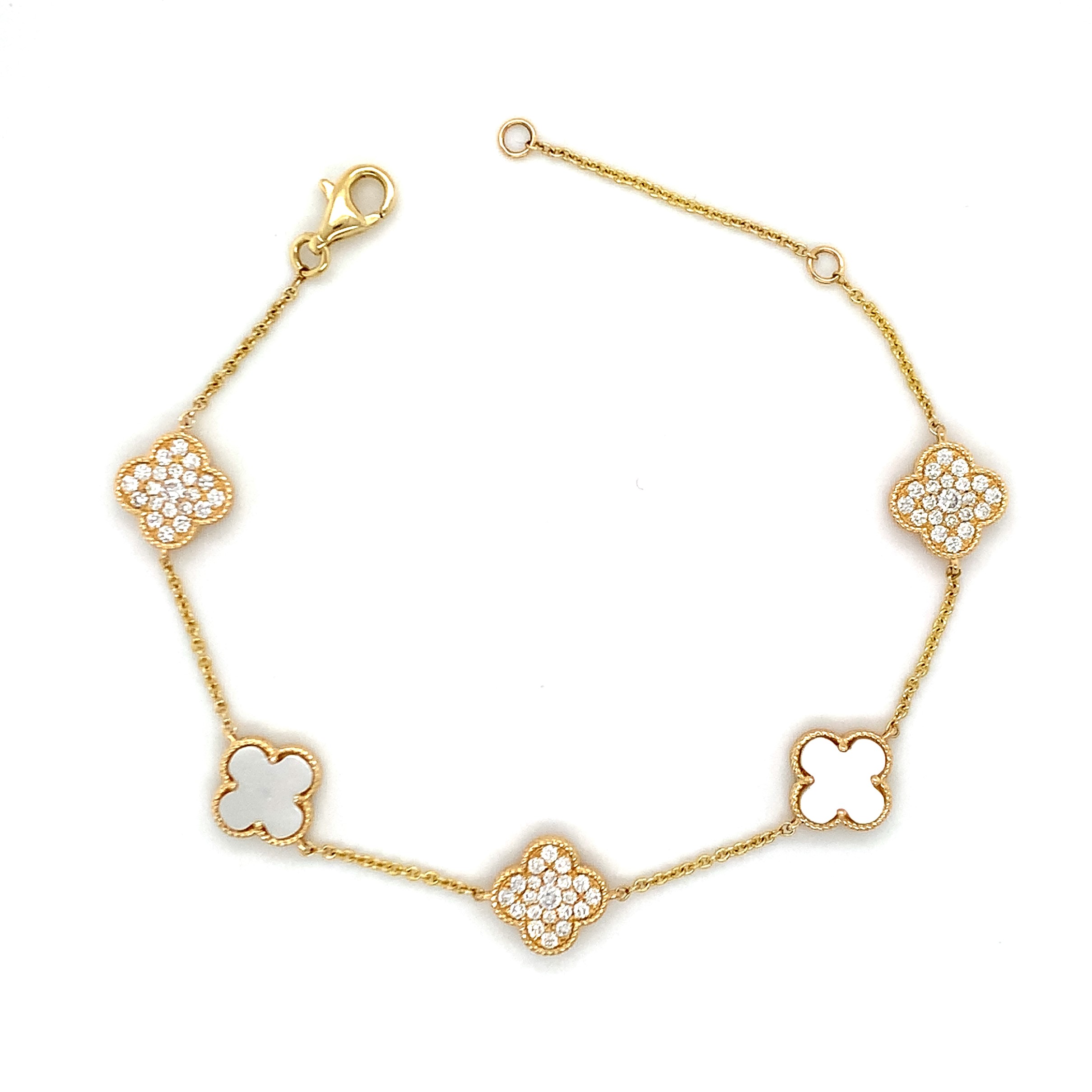 Diamond Pave and Mother of Pearl Clover Station Bracelet Hingham