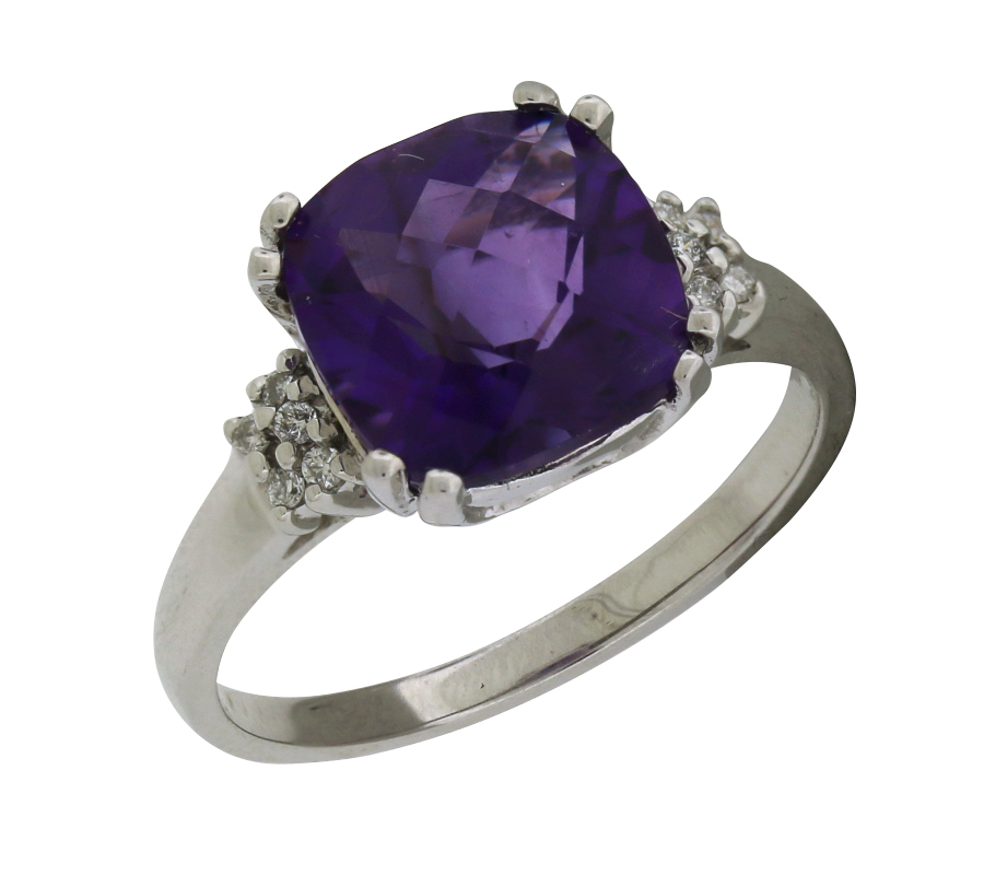 Checkerboard Cut Amethyst and Diamond Ring in White Gold