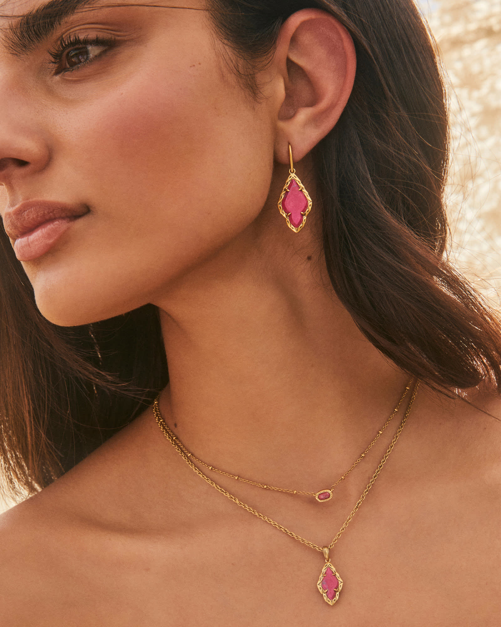 Mini Elisa Vintage Gold Satellite Necklace in Dark Fushia Va