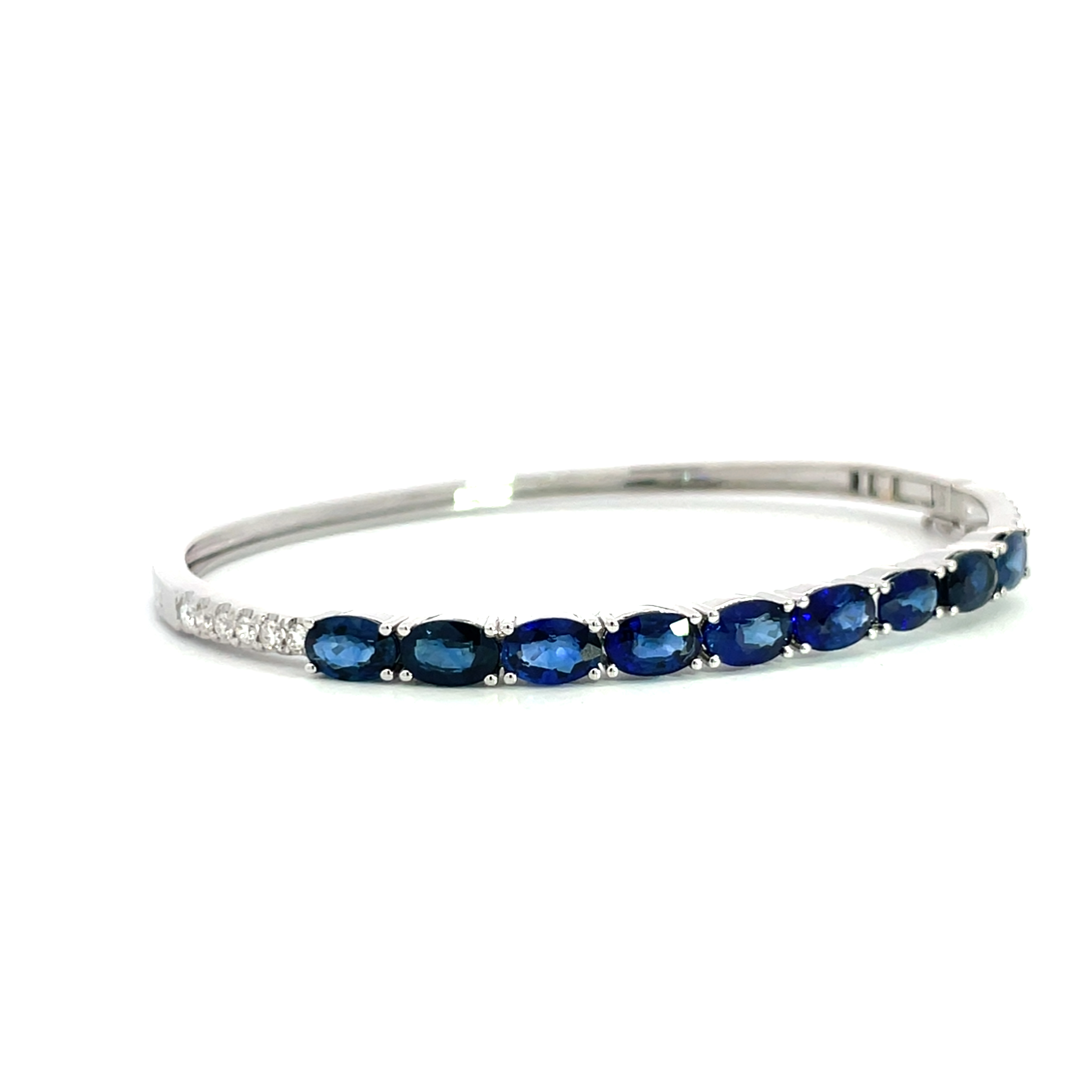 14K White Gold Blue Sapphire and Diamond Hinged Bangle Brace 