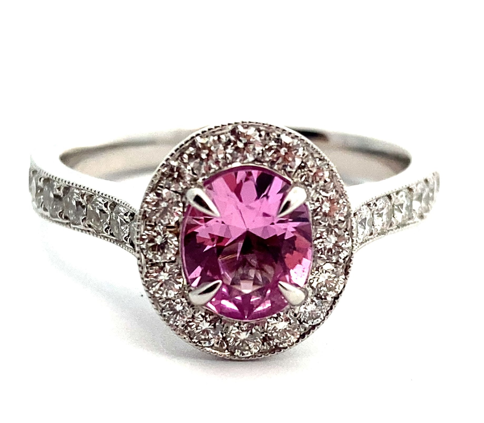 0.97 Carat Genuine Pink Sapphire and White Diamond 14K White Gold Ring
