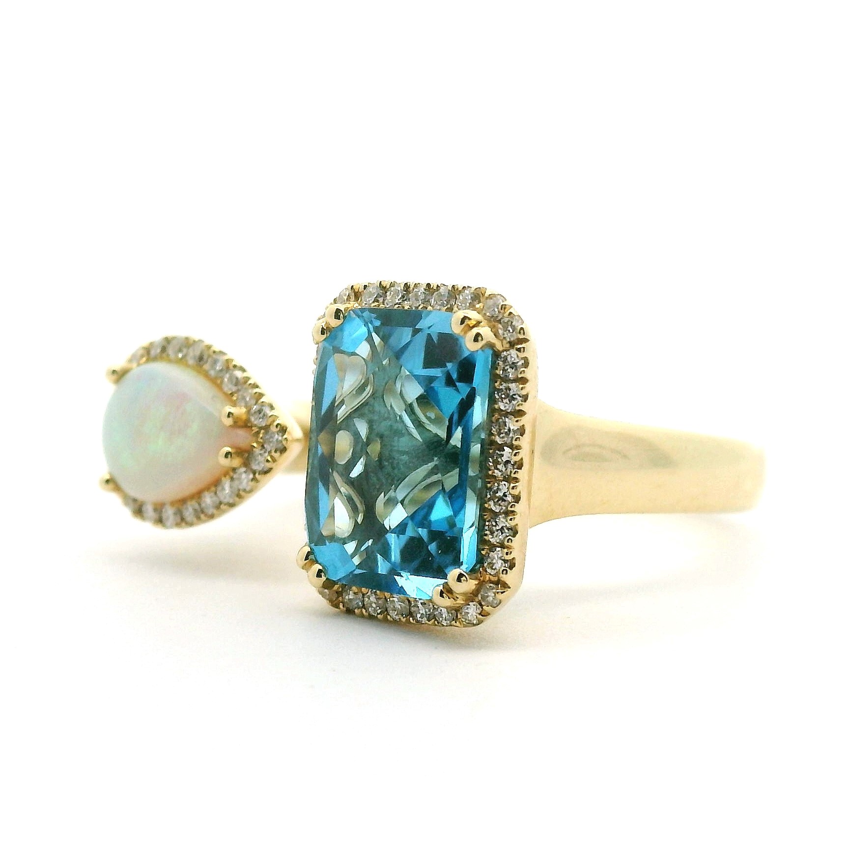 14K Yellow Gold Blue Topaz and Opal Ring