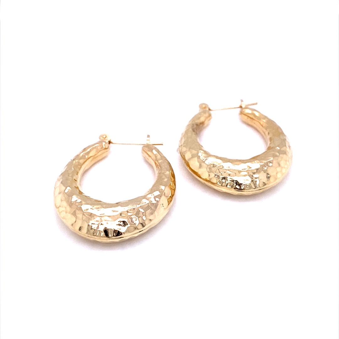 14K Yellow Gold Oval Hammered Hoop Earrings