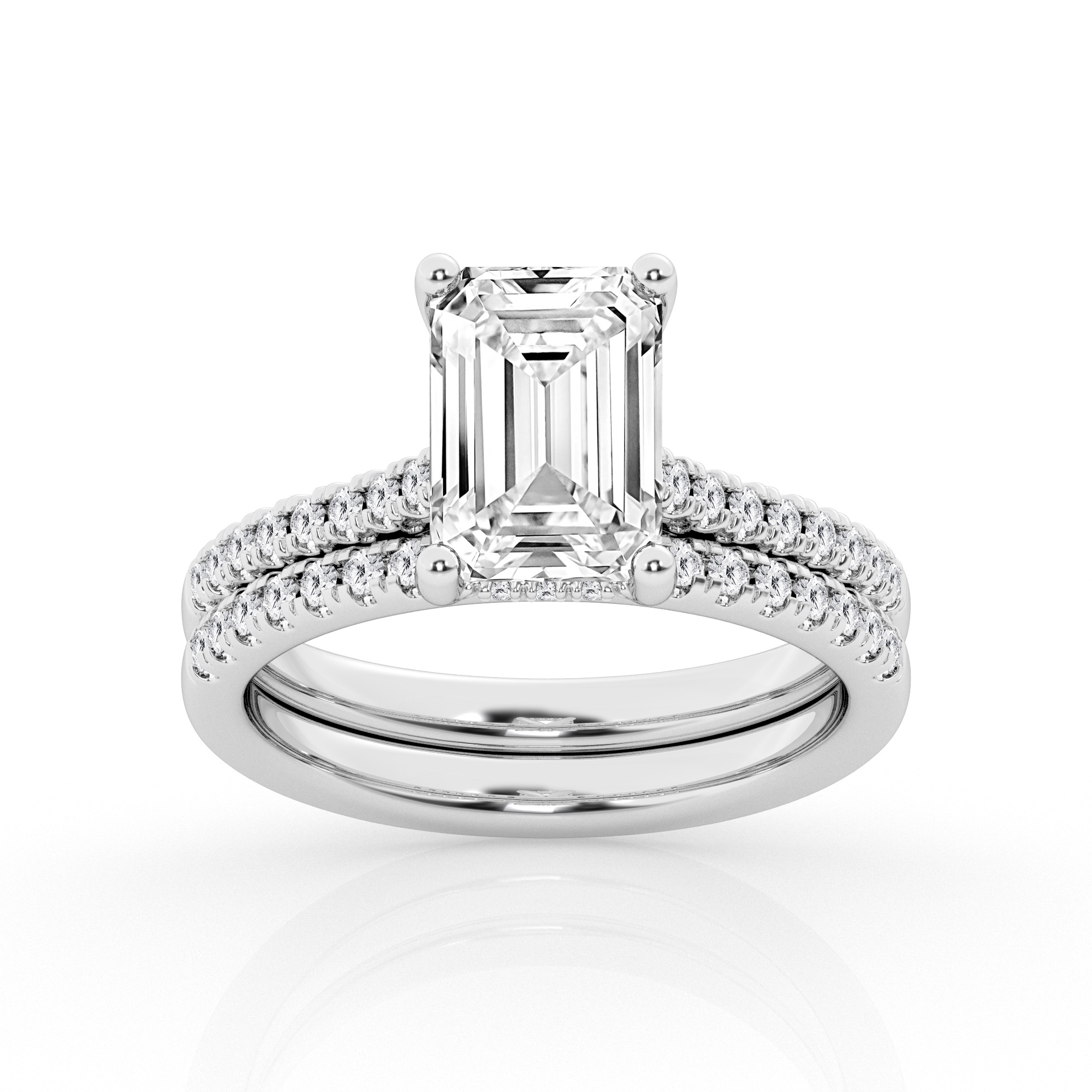 Hidden Halo Emerald Cut Diamond Bridal Set in White Gold Dia
