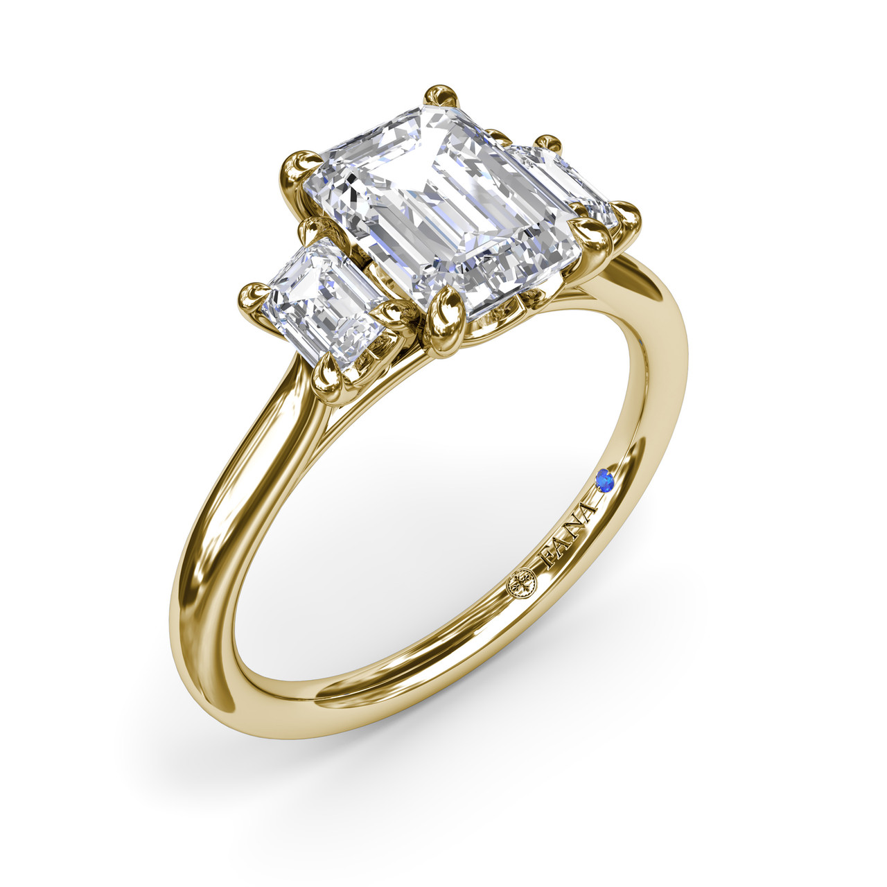 Yellow Gold Three Stone Emerald Cut Diamond Semi Mount