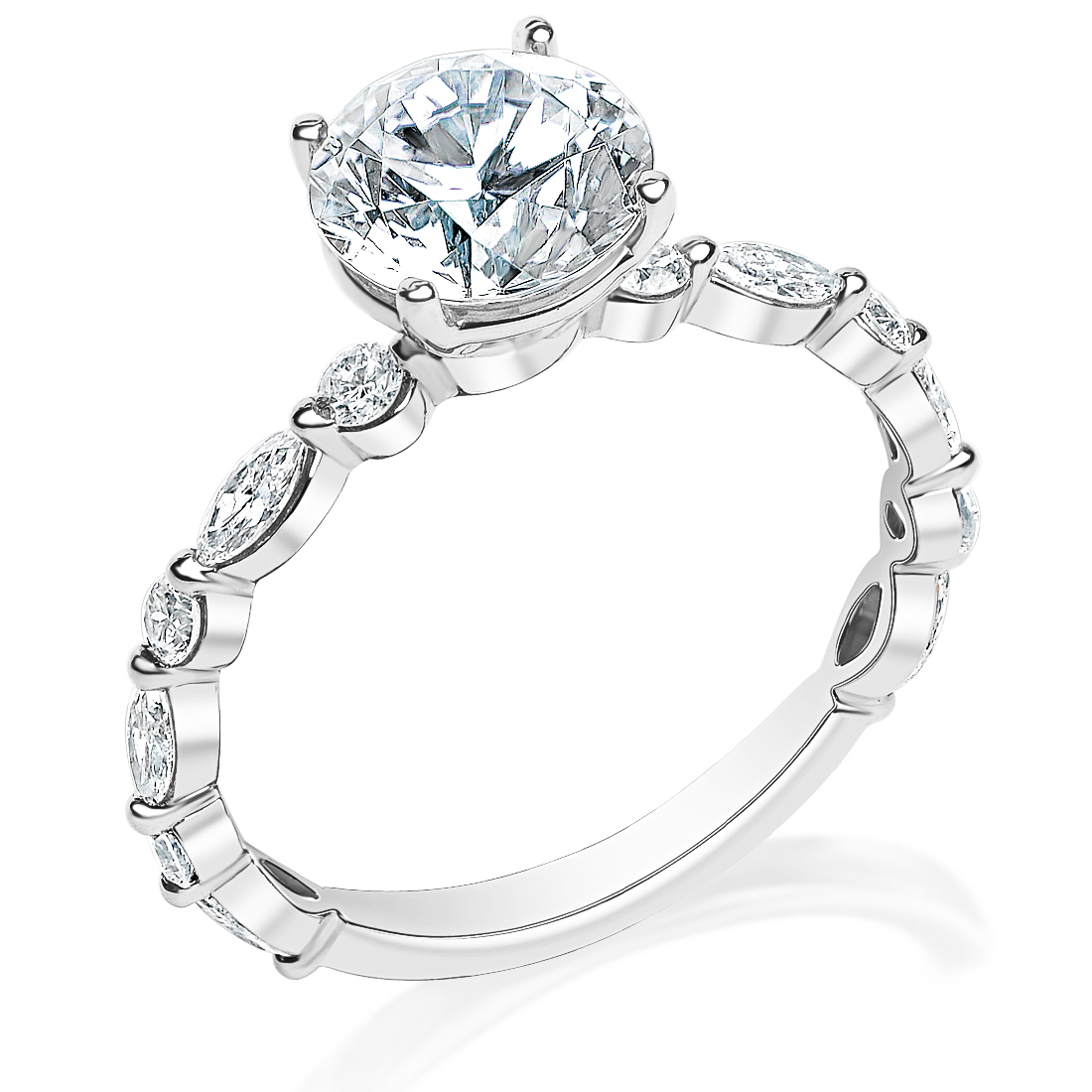 Marquise and Round Shared Prong Diamond Semi Mounting in Whi