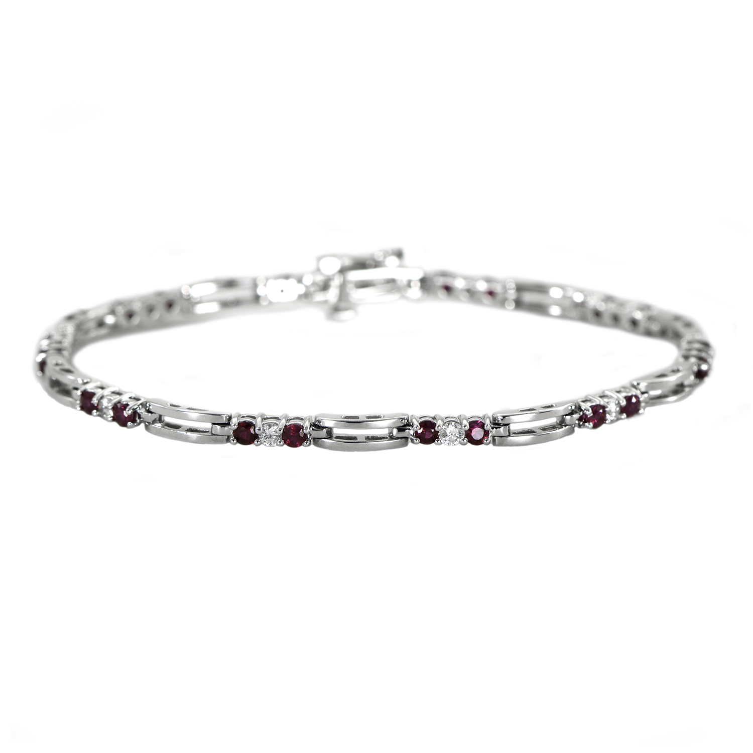 Ruby and Diamond White Gold Bracelet in an Open Bar Link Design