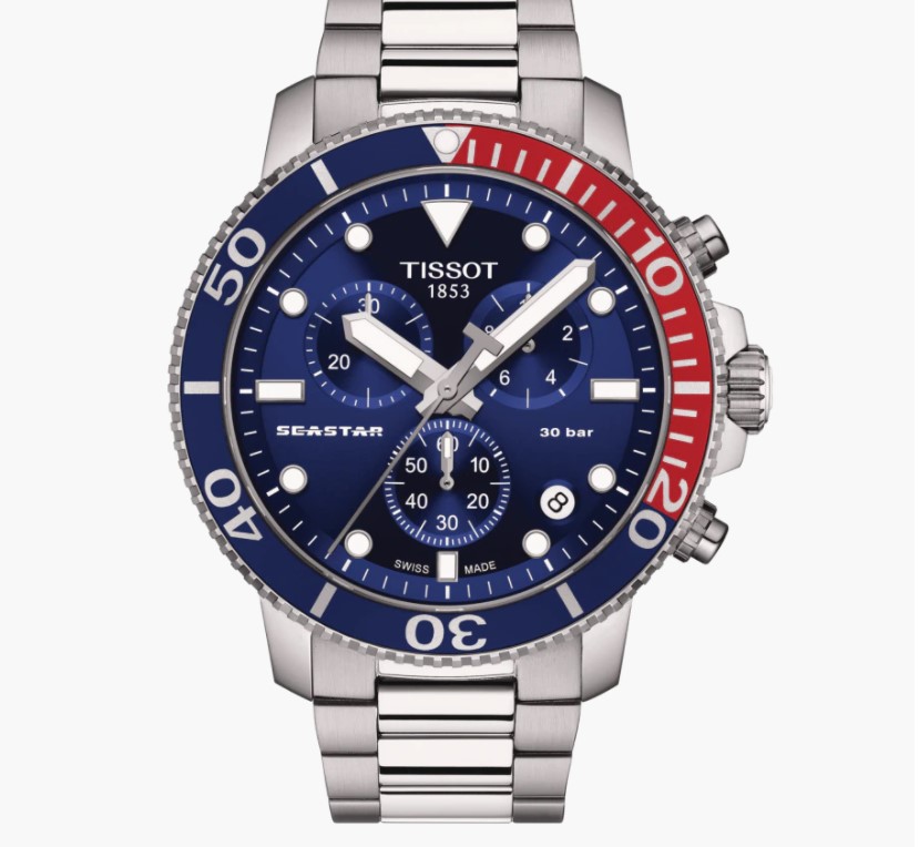 Tissot Seastar Chrono Watch With Blue Dial Blue/Red Bezel On