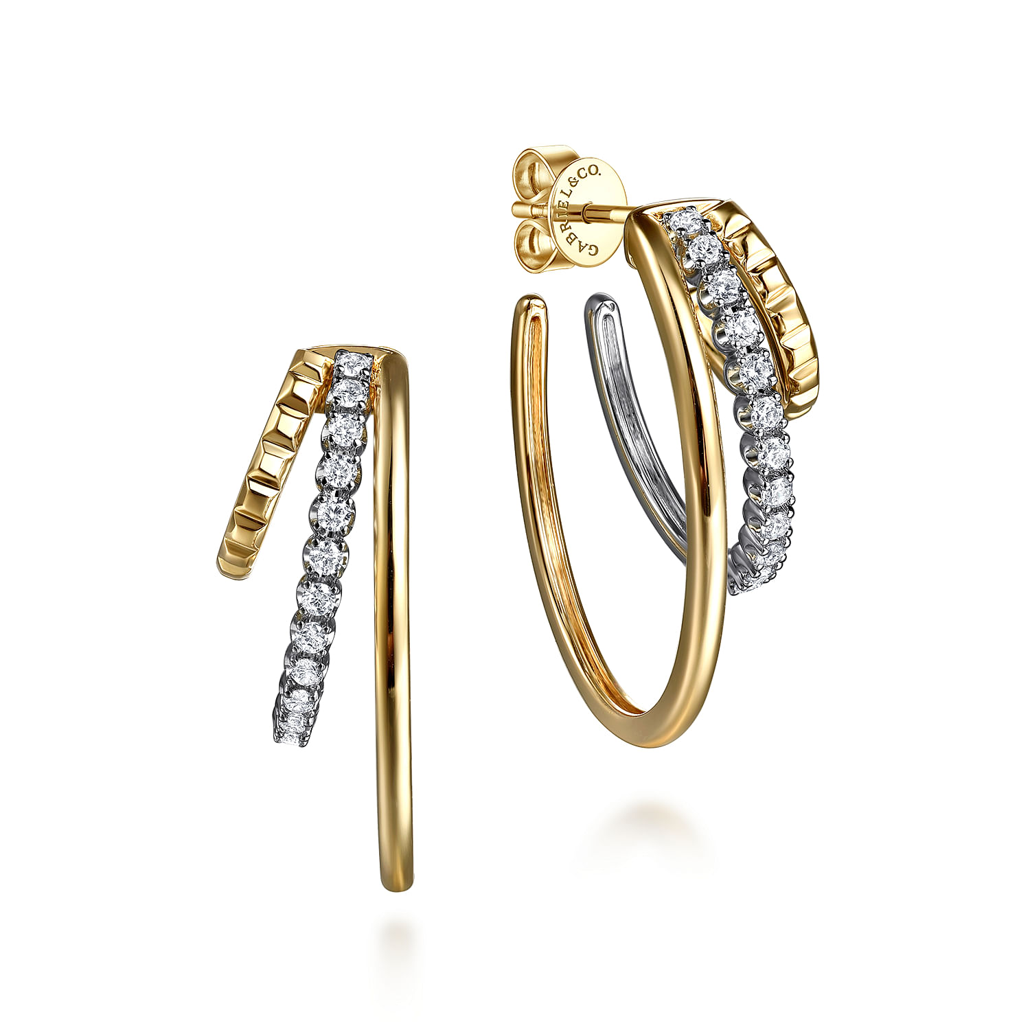 14K White & Yellow Gold Diamond Three Row J Hoop Stud Earrin
