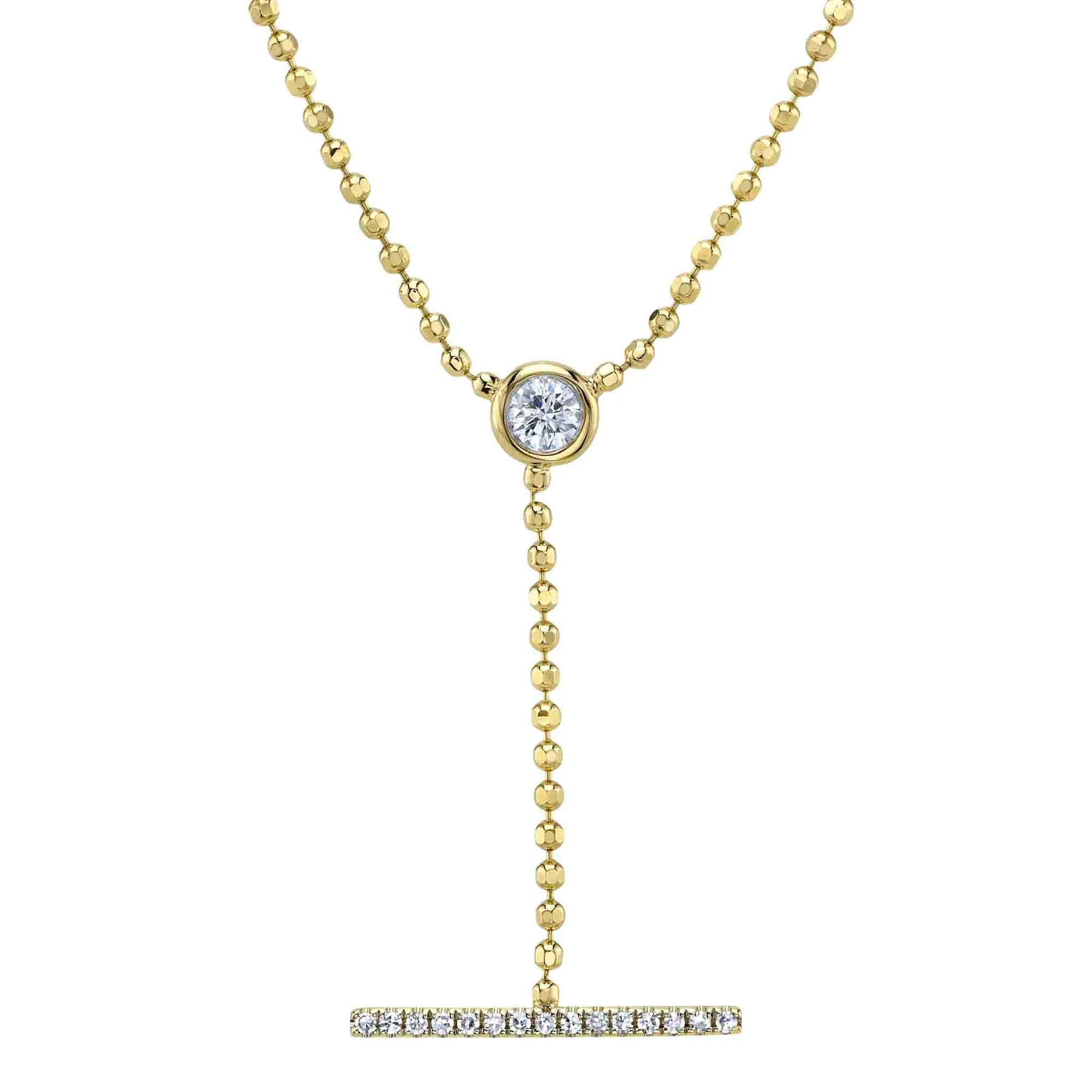 14K Yellow Gold Diamond Bezel Lariat Faceted Ball Chain Necklace