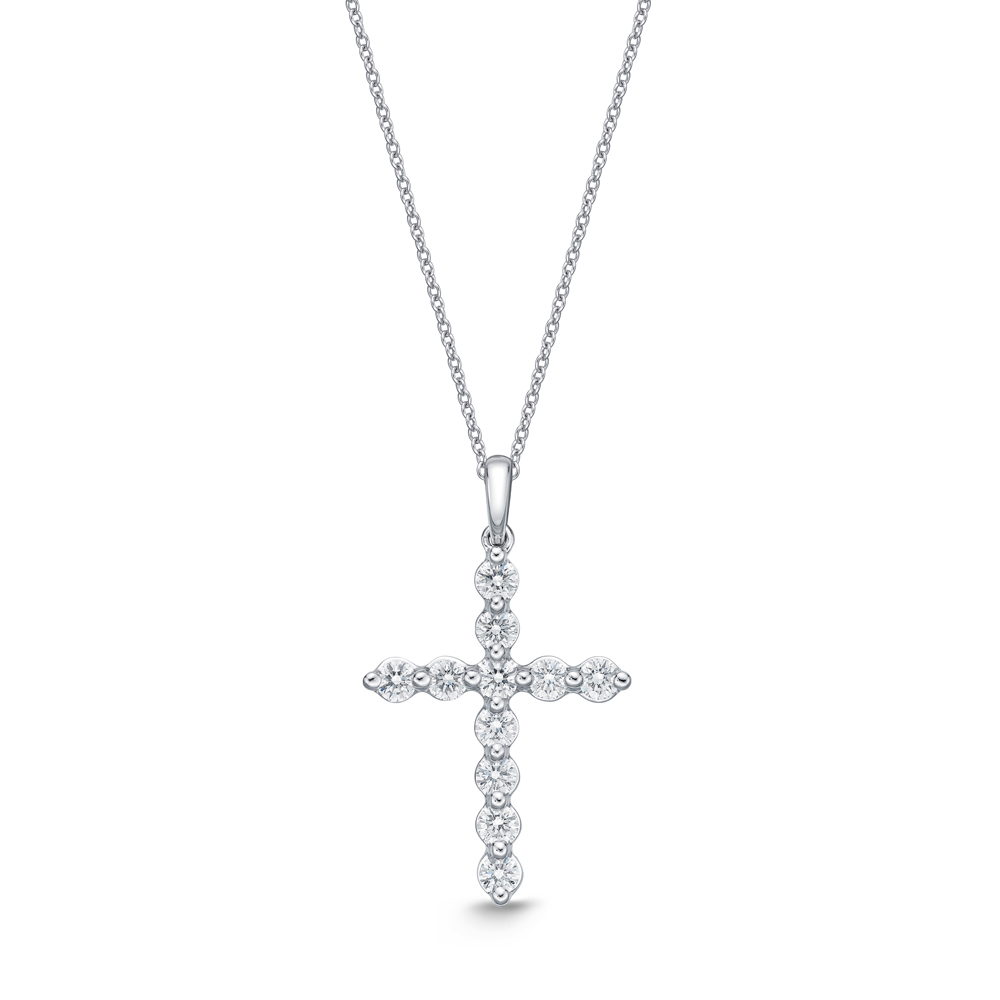 Memoire 18K White Gold Single Prong Diamond Cross Pendant