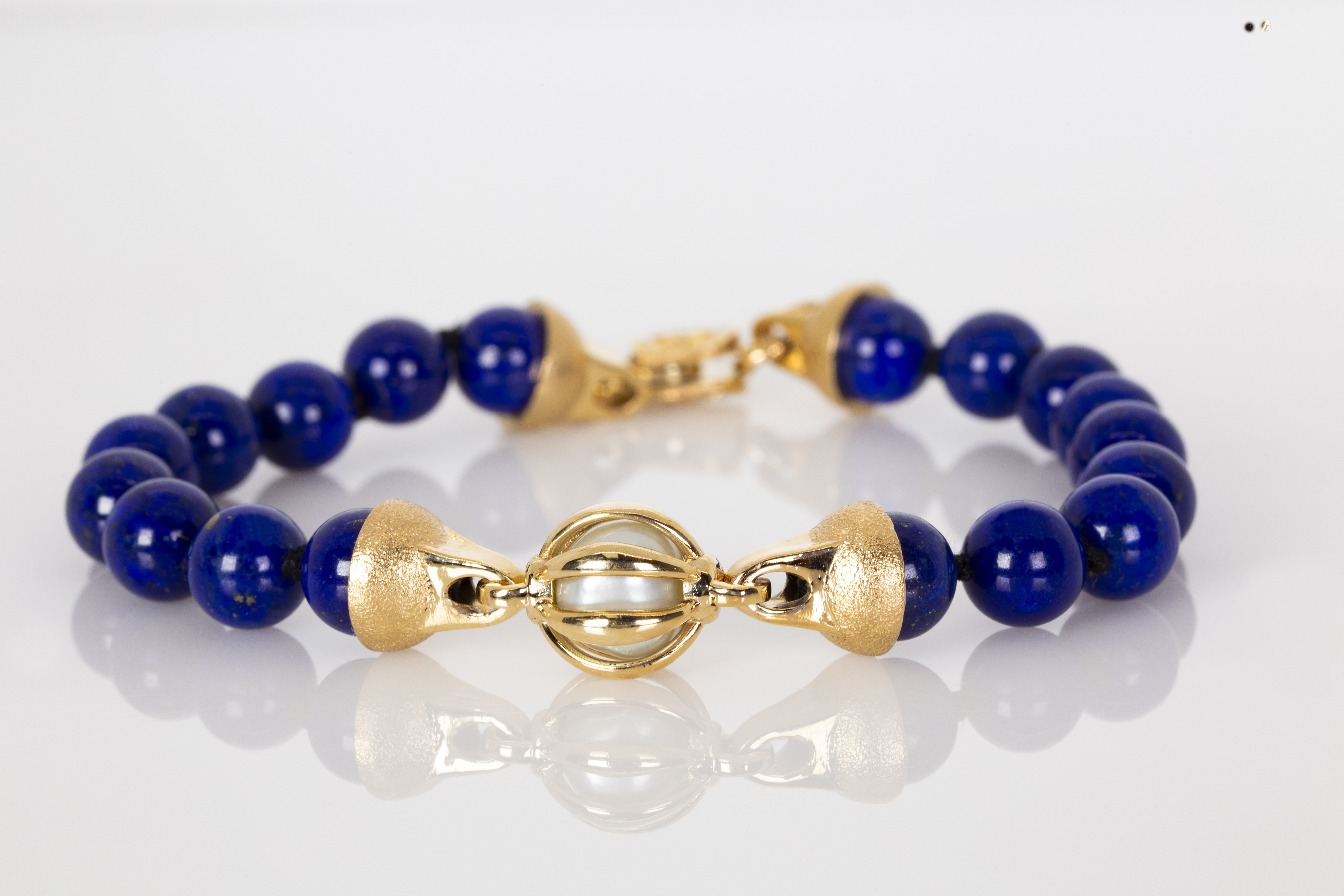 Men's 14K Yellow Gold Blue Lapis Bracelet with Baroque Pearl