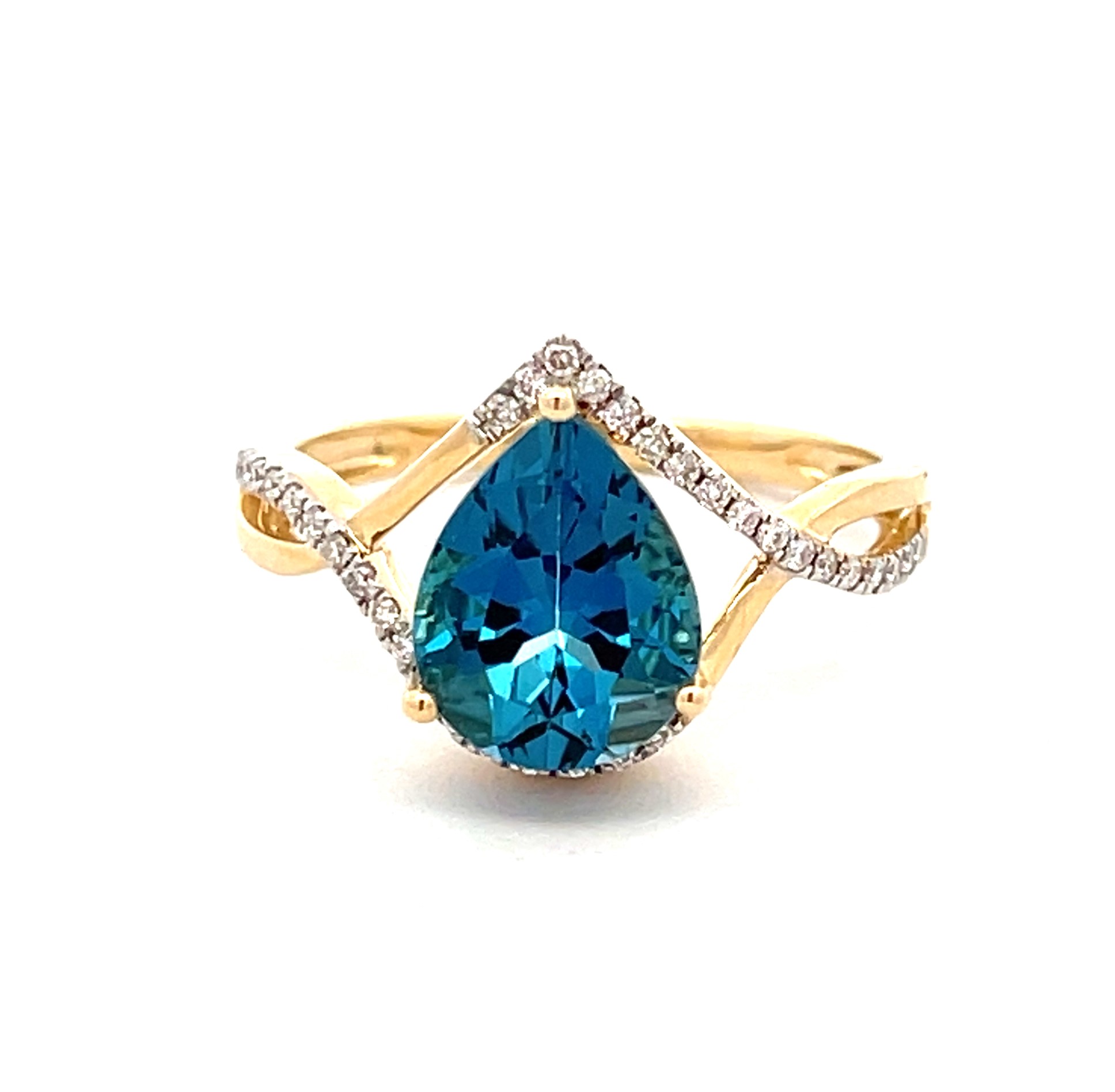 14k Yellow Gold London Blue Topaz Pear Shape Ring with Diamonds
