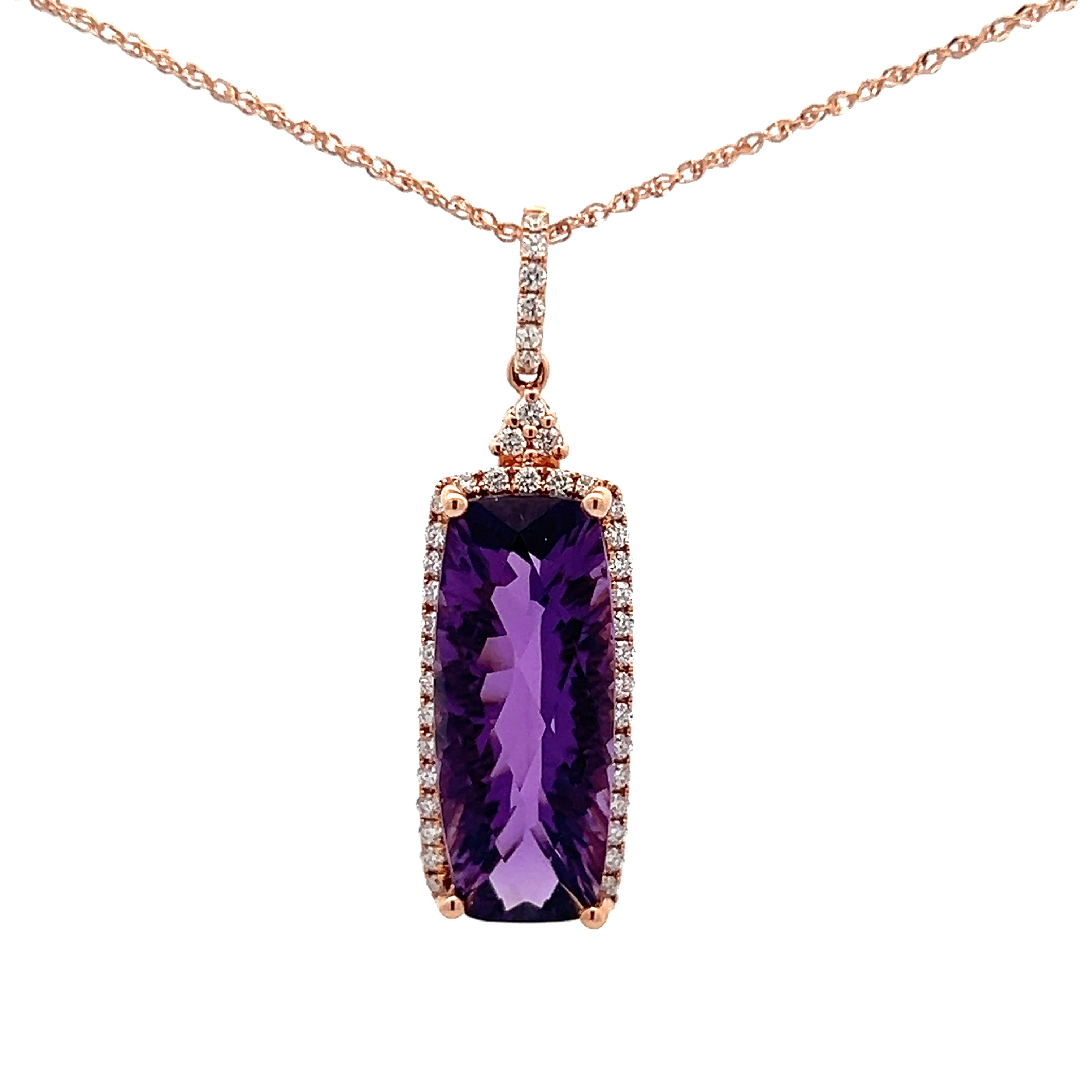 14k Rose Gold Rectangle Amethyst Diamond Necklace