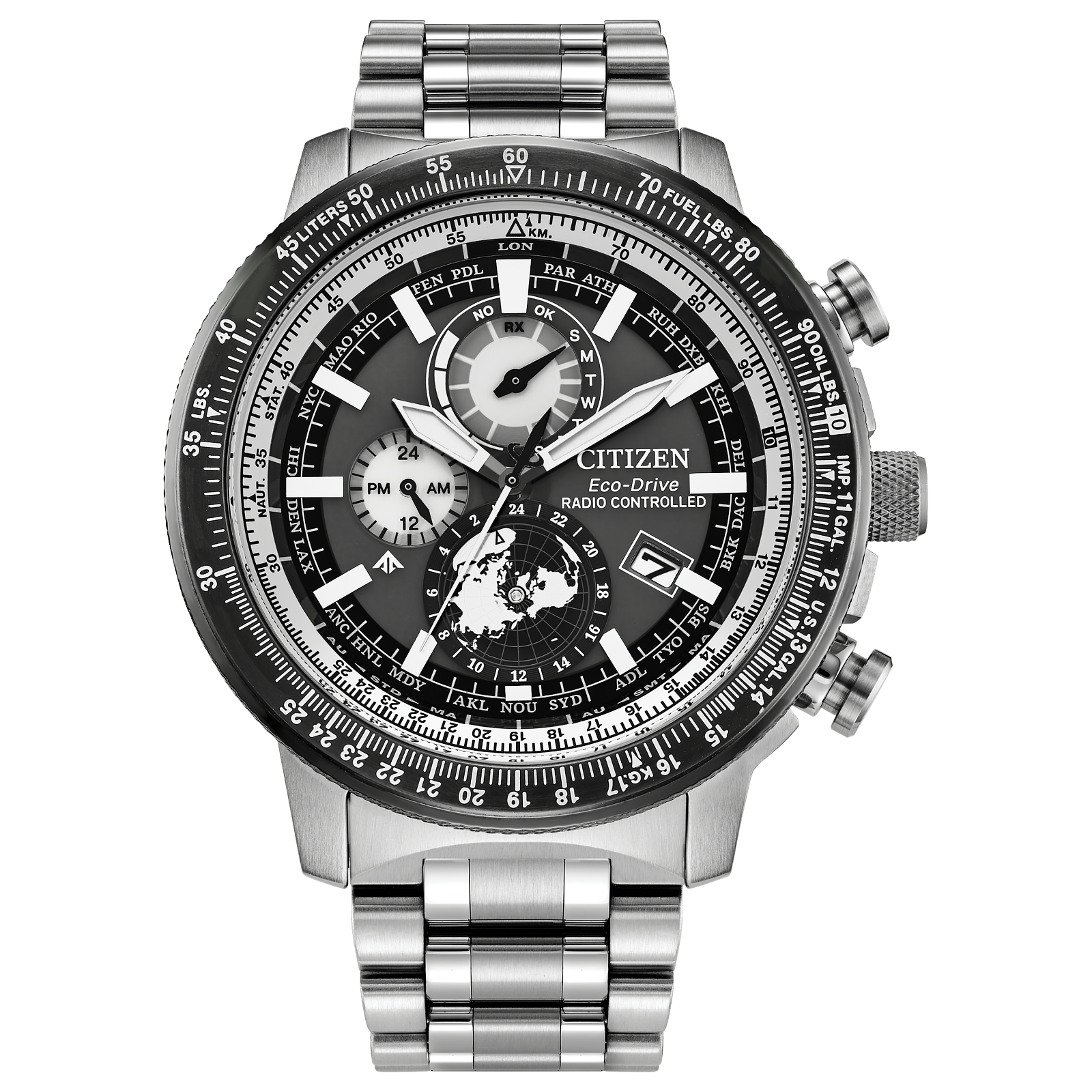 Men's Radio Controlled Eco-Drive Citizen Watch with Silver Tone Band