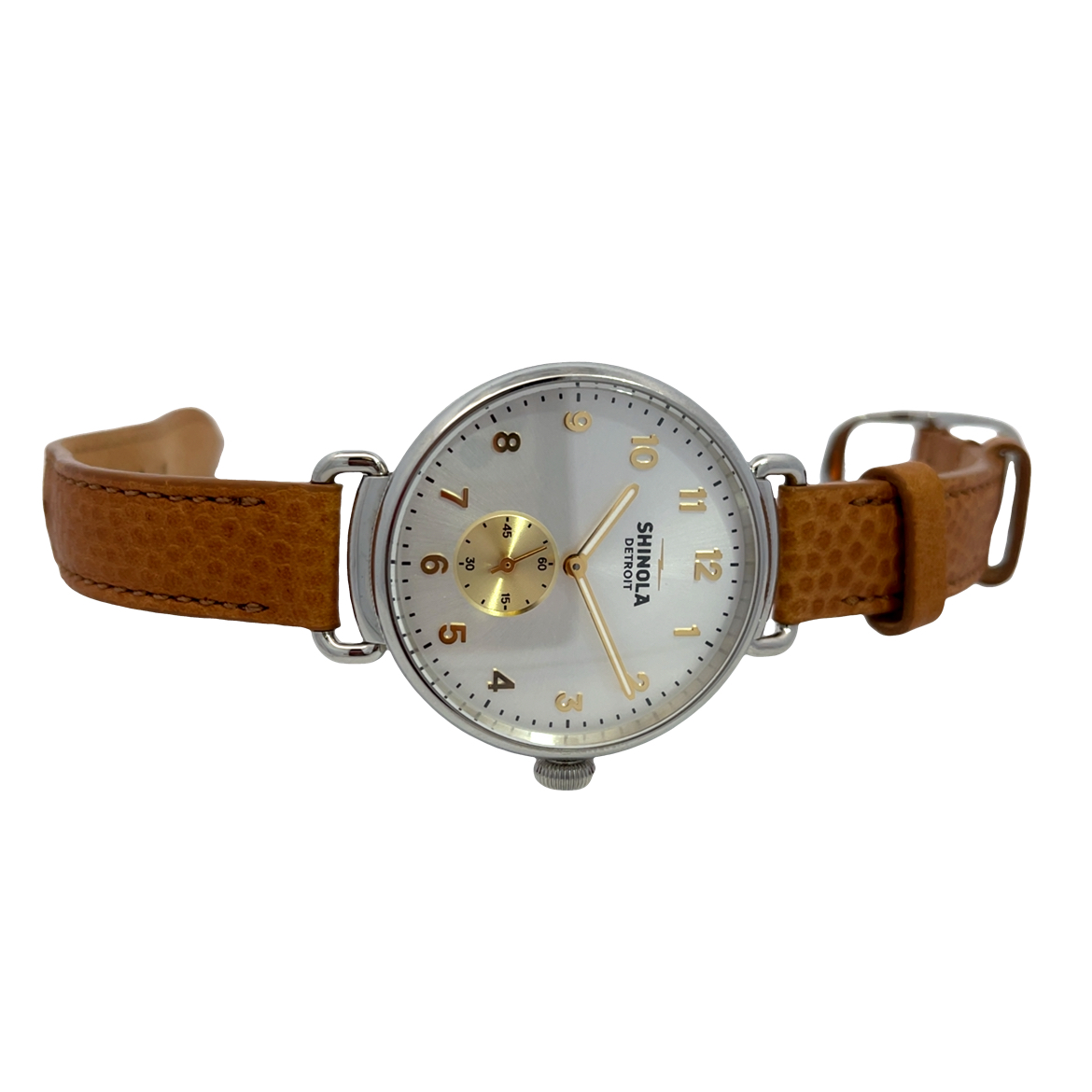 White Face Gold Numeral Shinola Steel Case Tan Leather Quart  display picture 1
