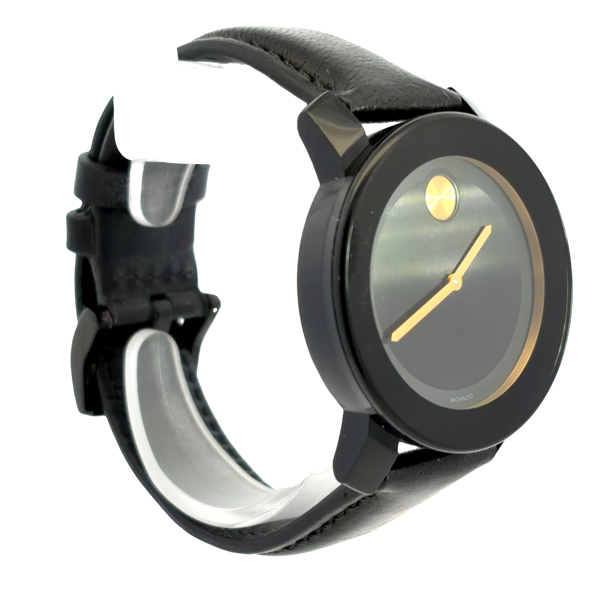 MOVADO クォーツ 腕時計 ブラック ミラー Movado Black Leather Quartz Watch With Black Face Gold Hands