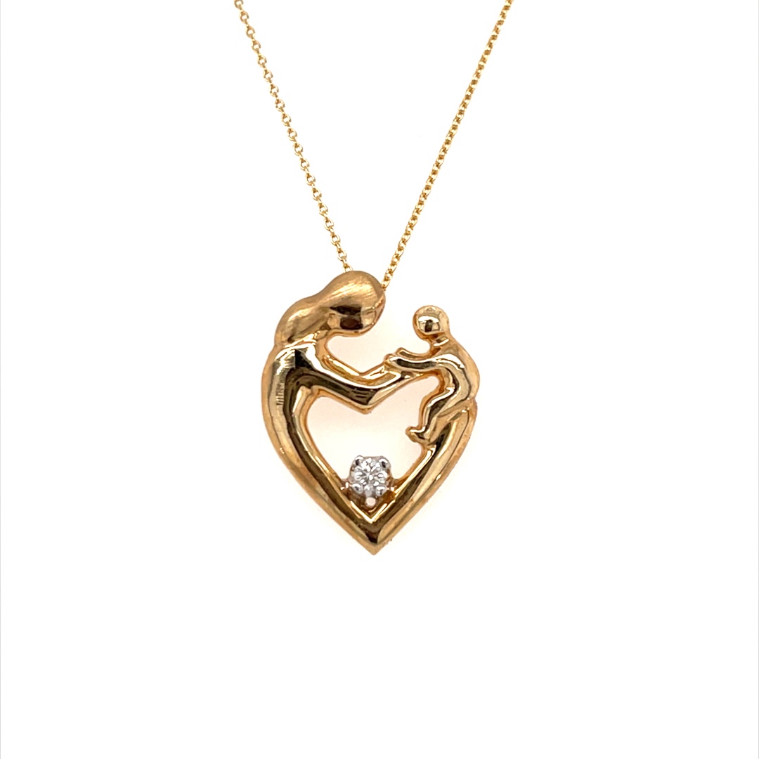 14K Yellow Gold Estate Diamond Mother and Child Heart Pendan