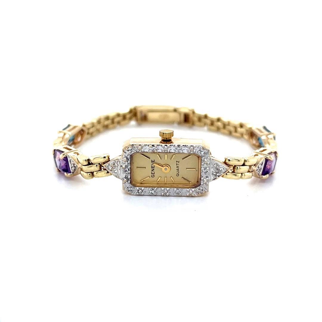 Vintage Estate Elegant Gold and Multicolor Crystal Cuff Watch 14K Yellow Gold Estate Geneva Diamond, Amethyst, and Topaz Q  main image 4