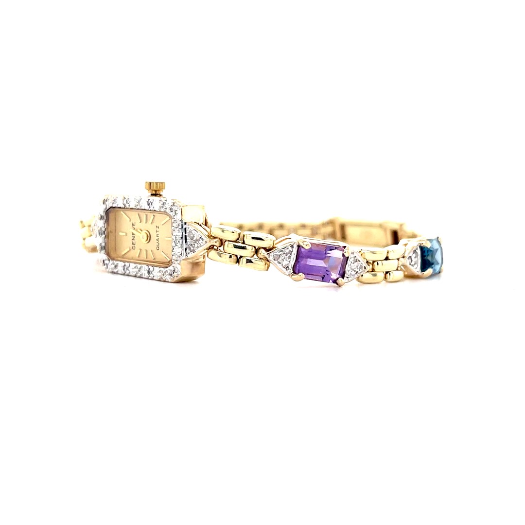 14K Yellow Gold Estate Geneva Diamond, Amethyst, and Topaz Q  display picture 2