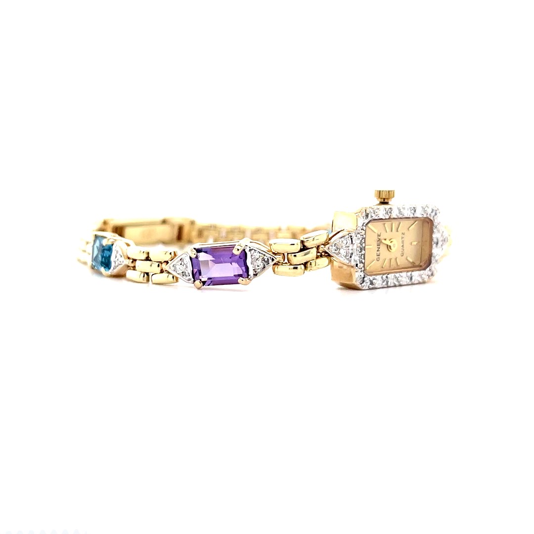 14K Yellow Gold Estate Geneva Diamond, Amethyst, and Topaz Q 
