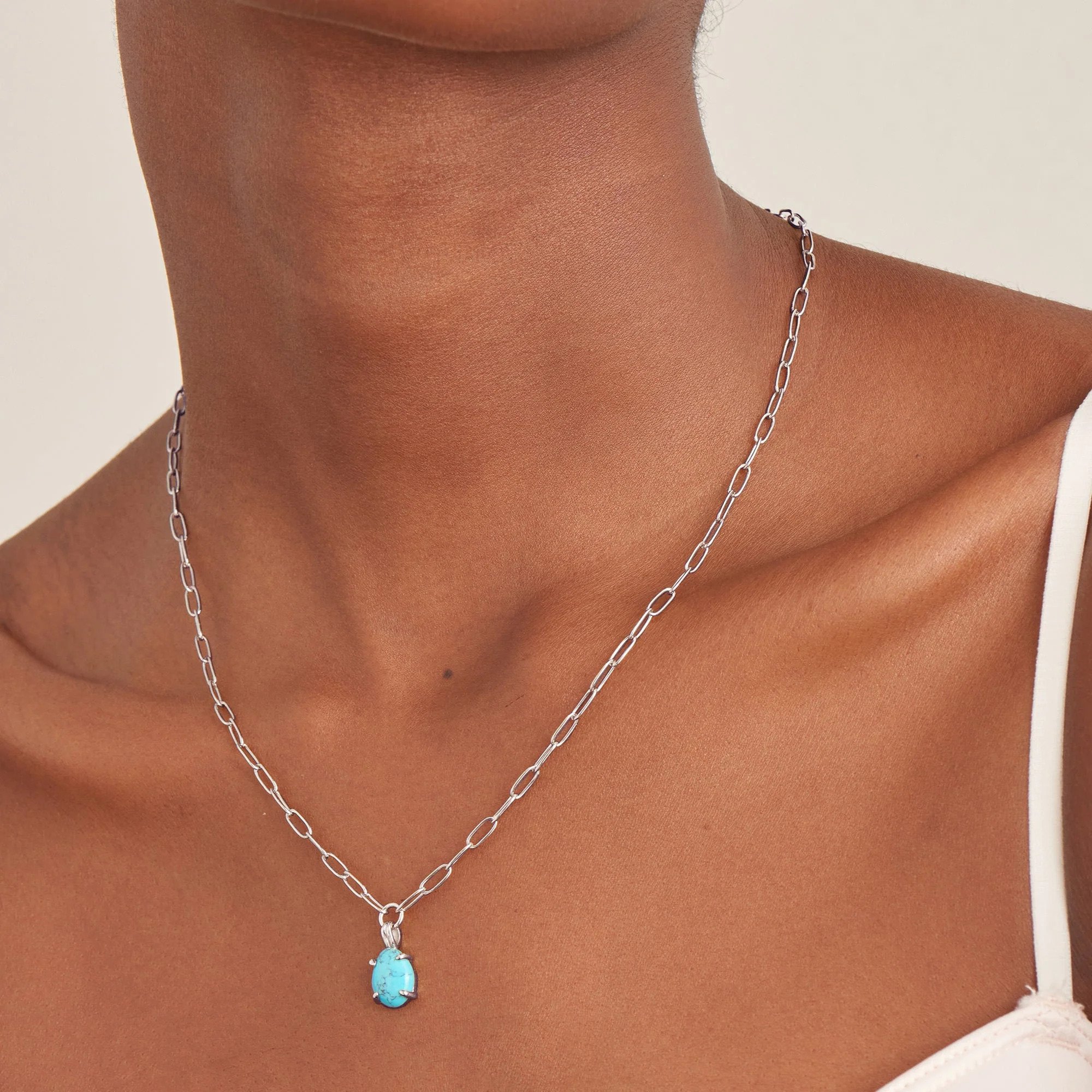 Sterling Silver Turquoise Chunky Chain Drop Pendant Necklace