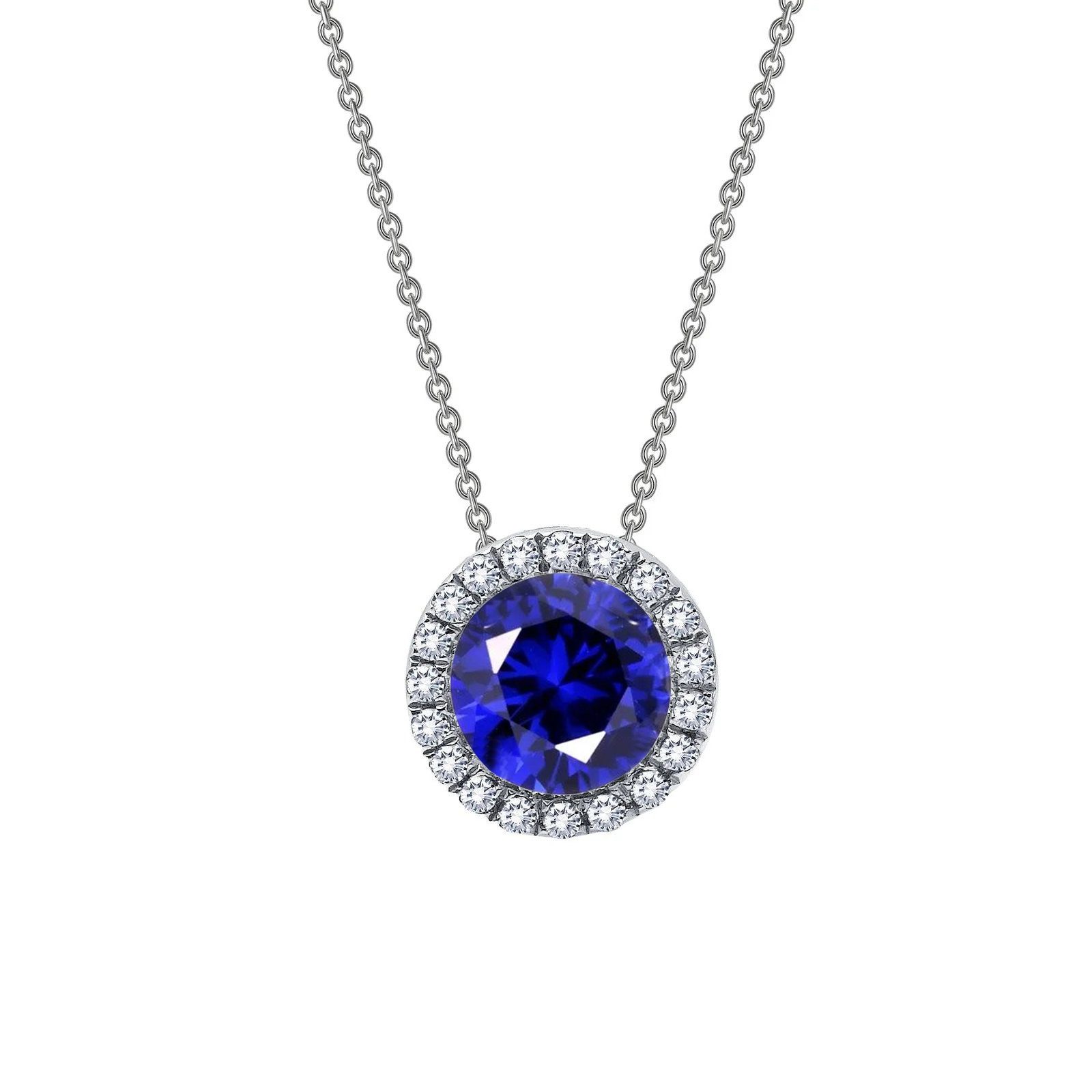 SS w/Rhodium Plating Round Simulated Sapphire & CZ Halo Neck Orin
