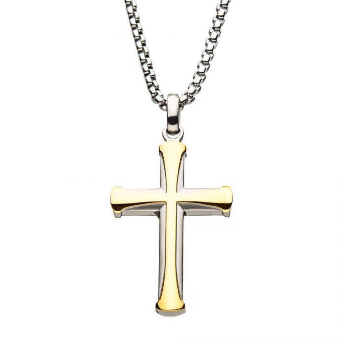INOX TWO TONE CROSS NECKLACE 001-490-00509 - Men's Jewelry